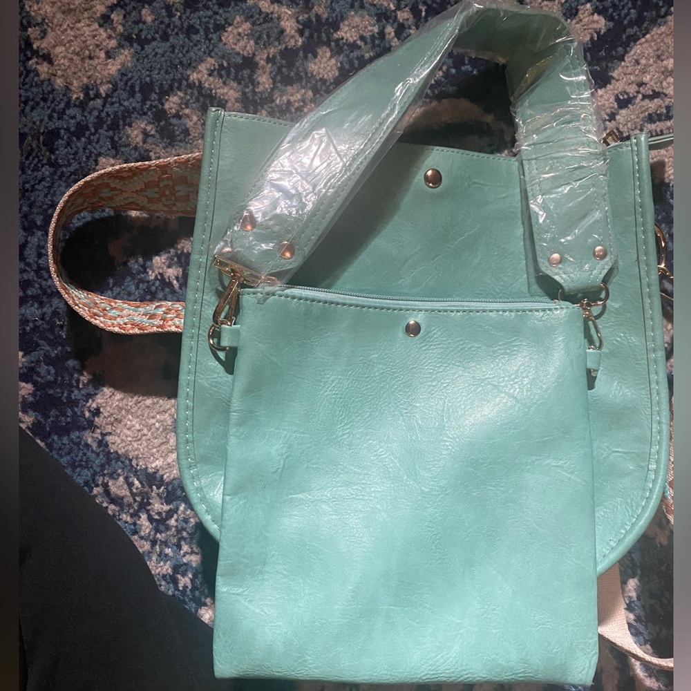 Ahdorned vegan leather teal duo bag